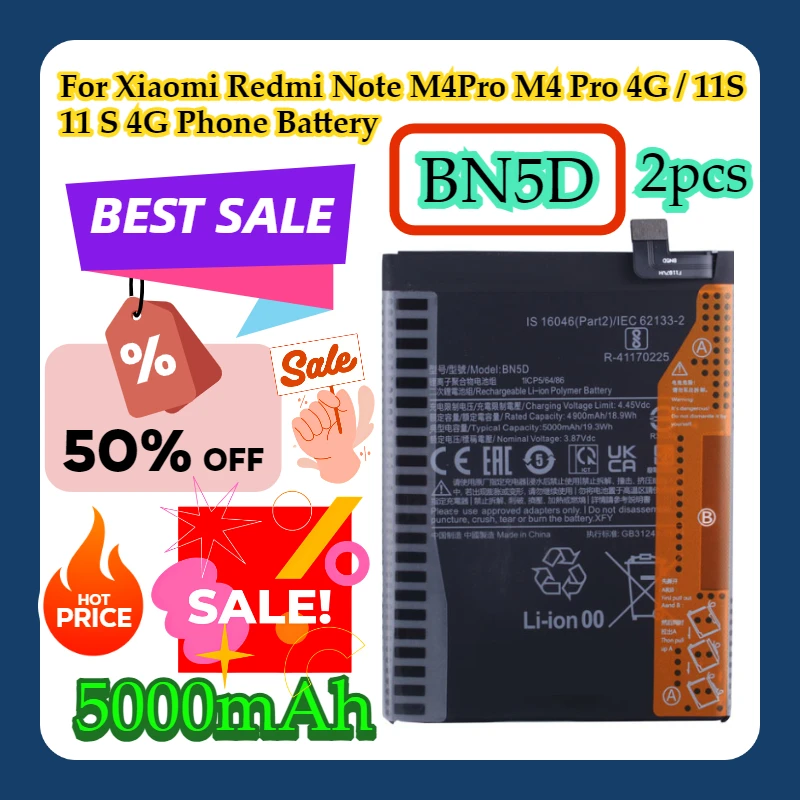 

2pcs For Xiaomi Redmi Note M4Pro M4 Pro 4G / 11S 11 S 4G 5000mAh BN5D Phone Battery