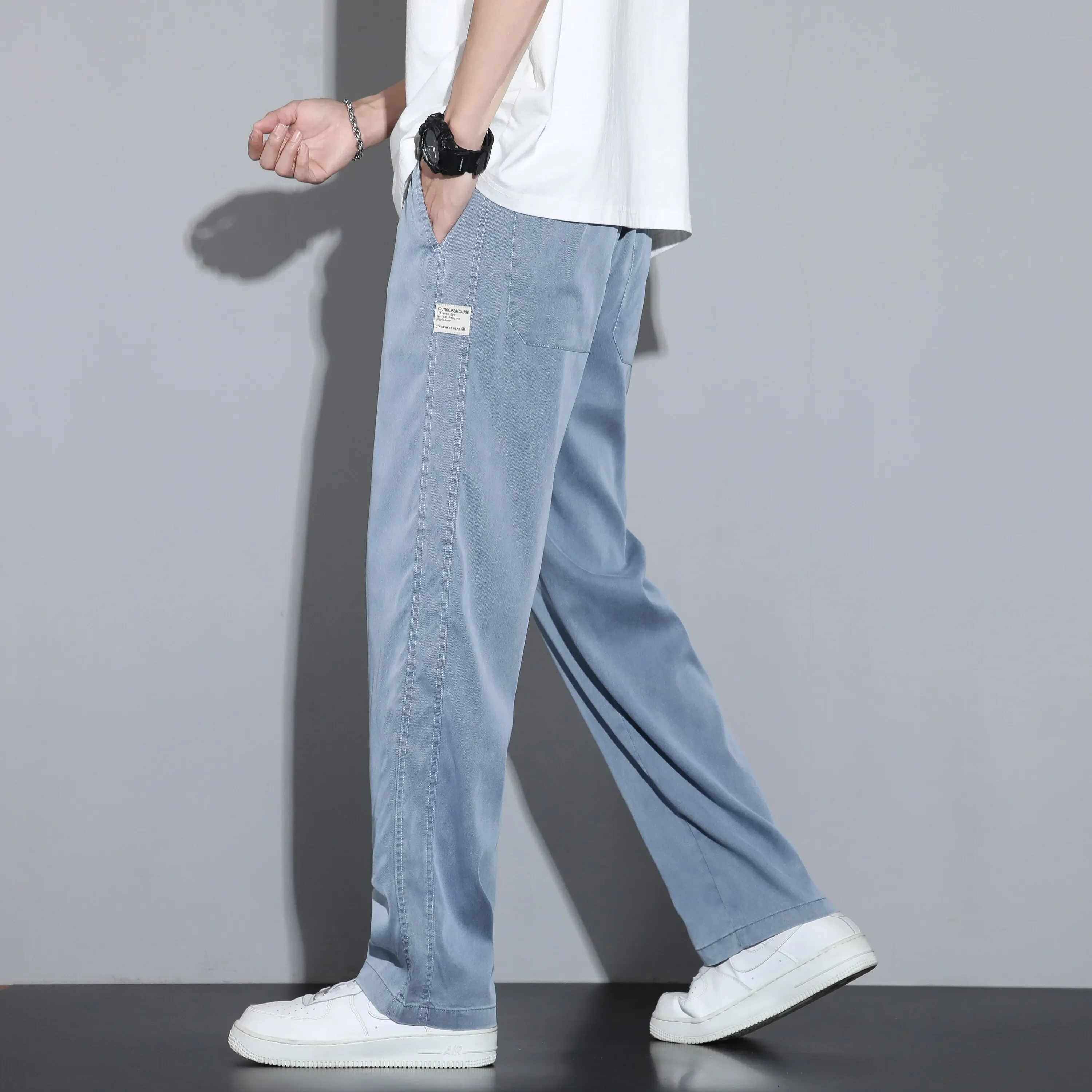 

Summer Soft Lyocell Fabric Men's Jeans Thin Loose Straight Pants Drawstring Elastic Waist Korea Casual Trousers Plus Size M-5XL