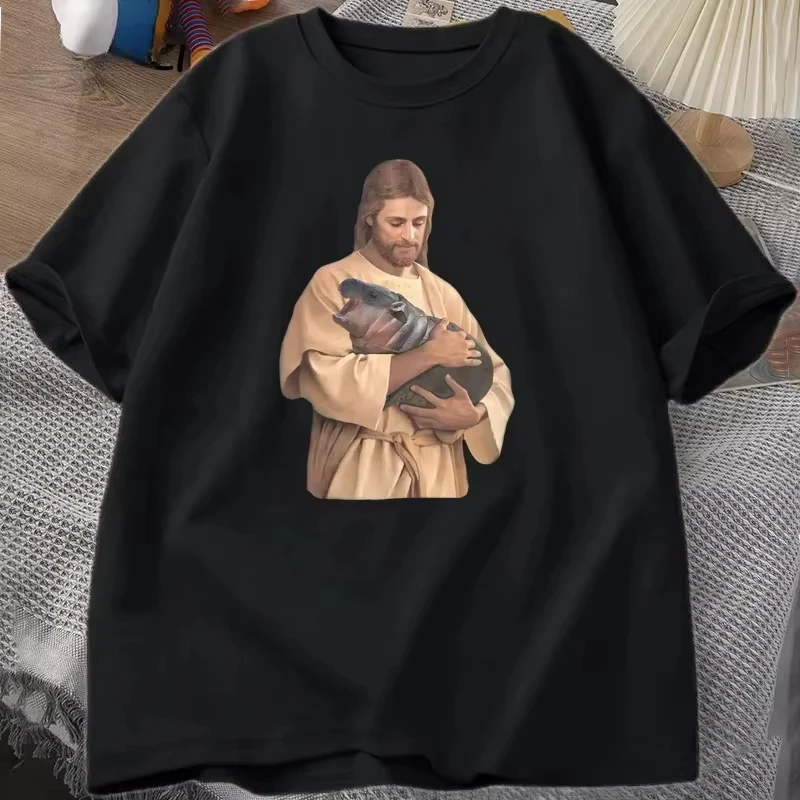 Lustiges Meme Jesus hält Moo Deng T-Shirt Unisex Sommermode Der Nilpferd Witz Moo Dang Lover T-Shirt Kurzarm-T-Shirts
