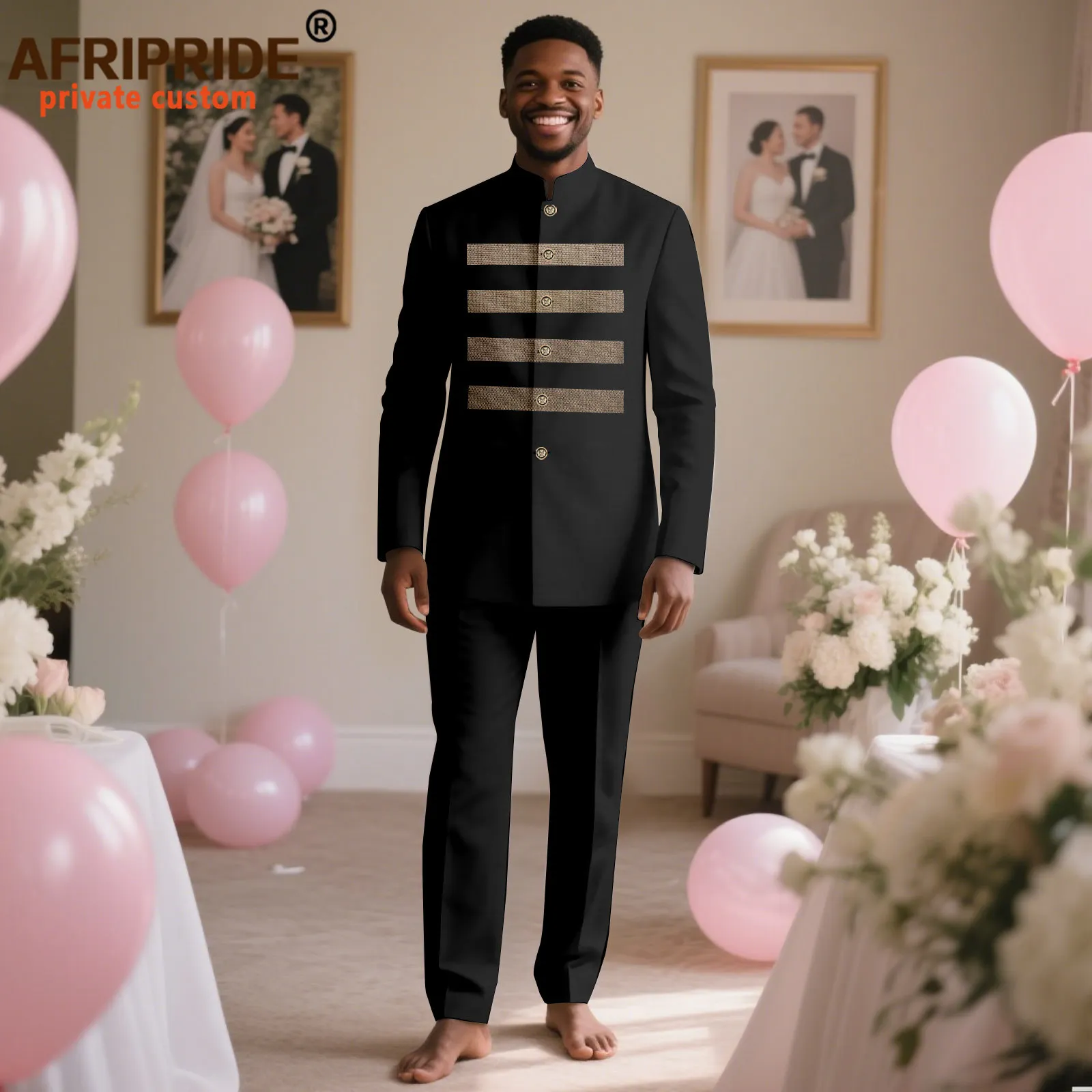 Bazin Riche African Clothes for Men Full Sleeve Striped Blazer and Ankara Pants 2 Piece Set Dashiki Outfits for Wedding 2516063