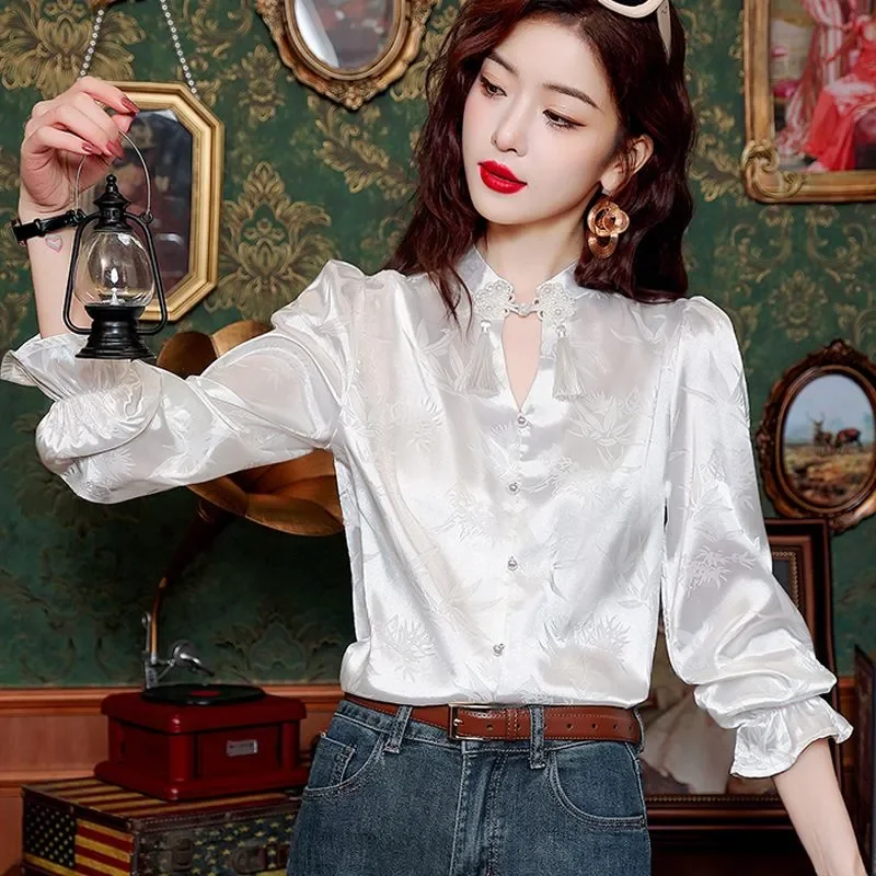 

Women's White Jacquard Satin Blouse Vintage Stand Collar Puff Long-Sleeve Shirt