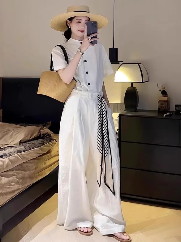 Ele Katoen Linnen Wijde Pijpen Jumpsuit Dames Los Drapey Feel Zomer 2025, Nieuwe Sle Faionable Eendelige Broek