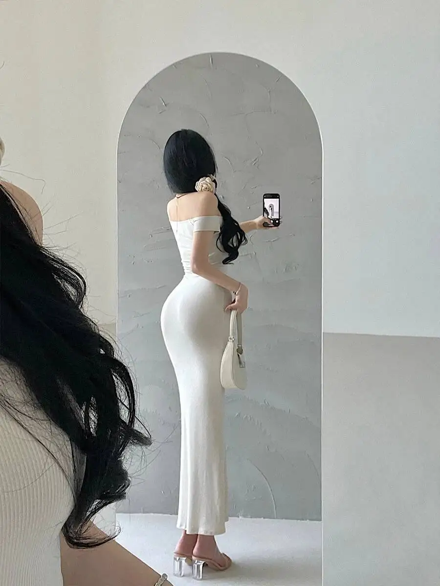 Sexy fuera del hombro ajustado adelgazante cintura abrigo vestido de cadera elegante vestido largo dulce bata 2024 nuevo dulce mujeres coreanas Tops W7QV