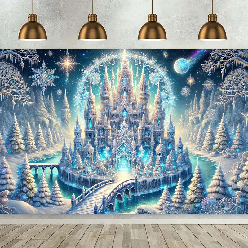 Tapestry 1pc Charming Snow Castle Background, 8X6 Feet- Magical Winter Wonderland Polyester Wall Decoration, No Electricity Requ