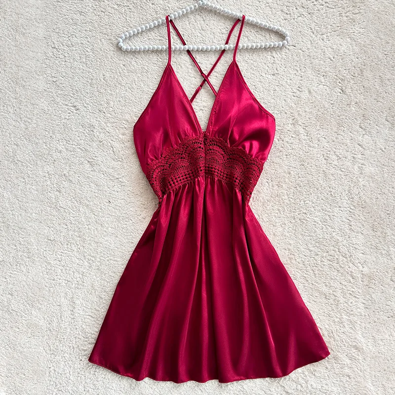 

Sexy Lingerie Female Nightgown Suspender Deep V-Neck Nightdress Chemise Sleepwear Summer New Silk Satin Nightwear Loose Homewear