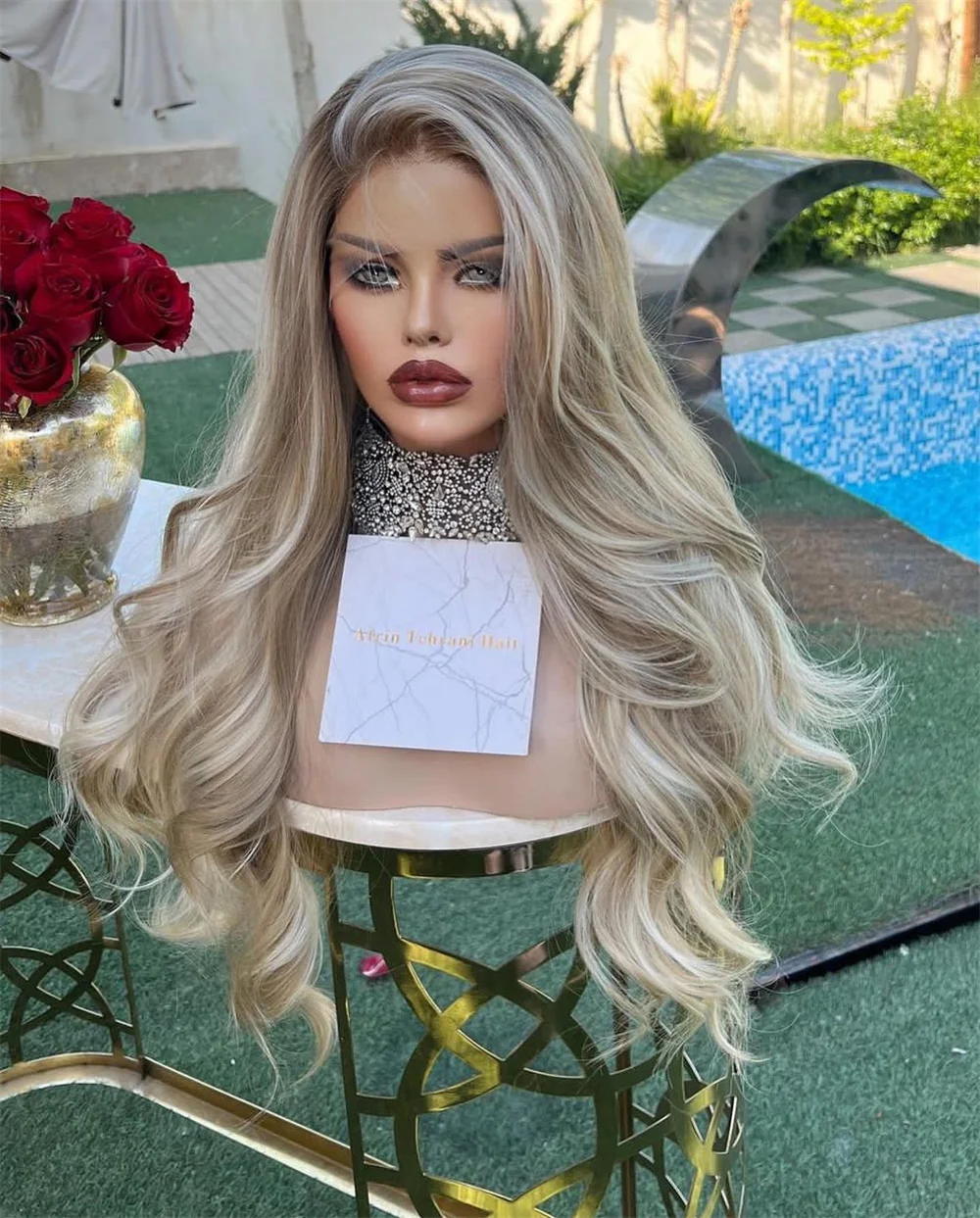 Long Futura Women Wigs Light Blonde Ash Highlights Synthetic Fibre Loose Wave Rooted Wig Glueless Lace Front Wigs Top Sale