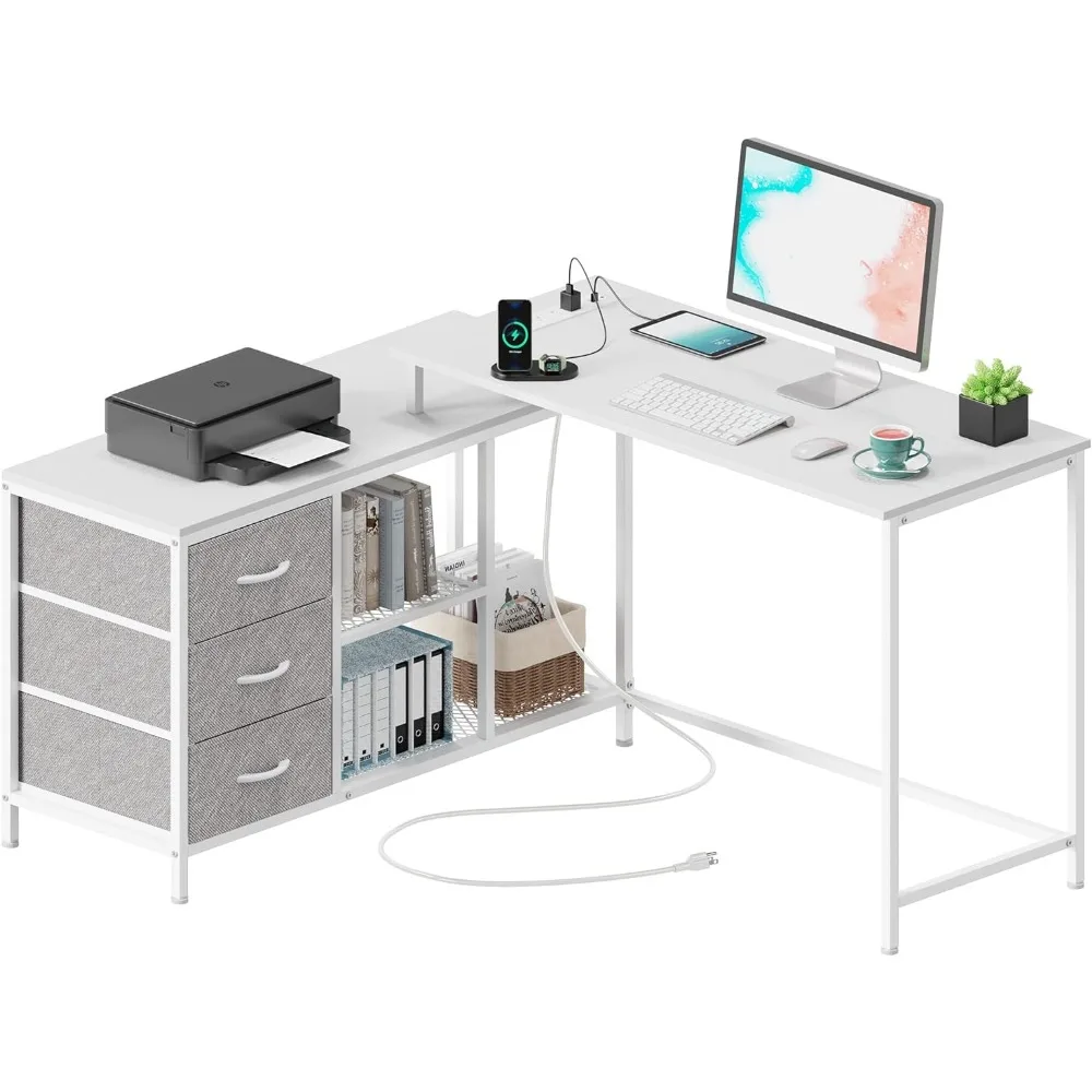 SUPERJARE L Shaped Desk with Power Outlets, Computer Desk with Drawers & Shelves, Corner Desk Gaming