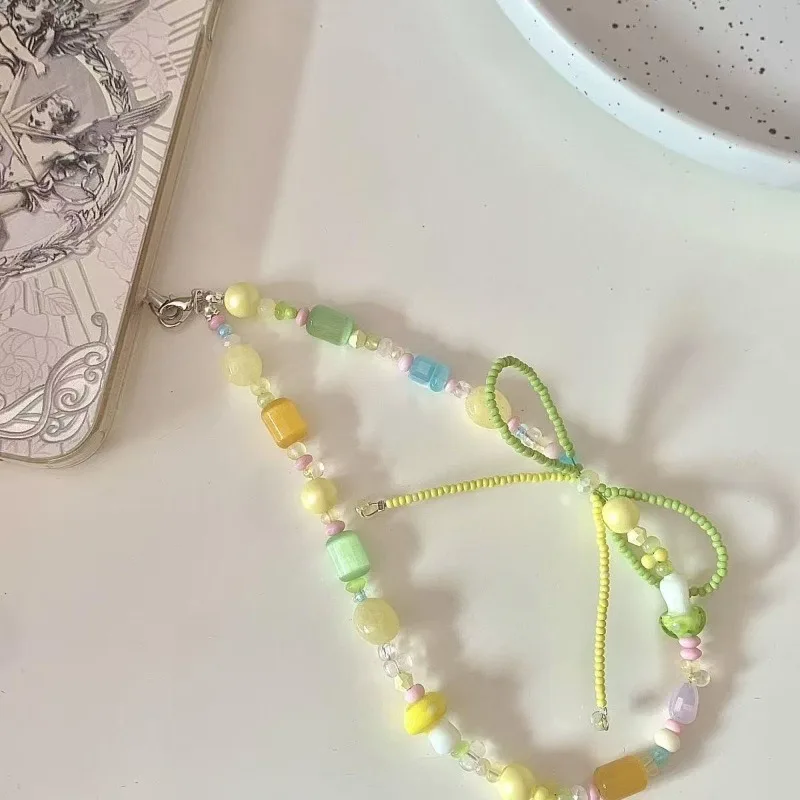 

Очаровательный ремешок для телефона в пасторальном стиле с бантом и бисером для девочек INS, простой милый корейский эстетический ремешок для камеры, подвеска для наушников