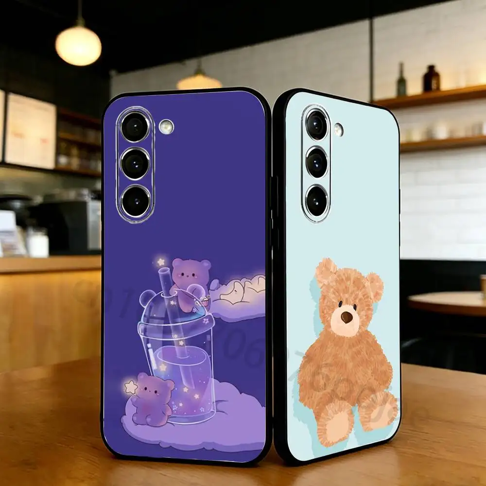 Teddy Bear Couple Cartoon Phone Case For Samsung S20,21,22,23,24,25,26 Ultra,Plus,Lite,FE,Black Soft Case