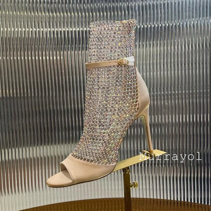جديد إمرأة شبكة تصميم جوفاء رقيقة الكعوب أحذية باردة حجر الراين ديكور المفتوحة تو رقيقة عالية الكعب Sandalias الصيف فستان الحفلات الأحذية