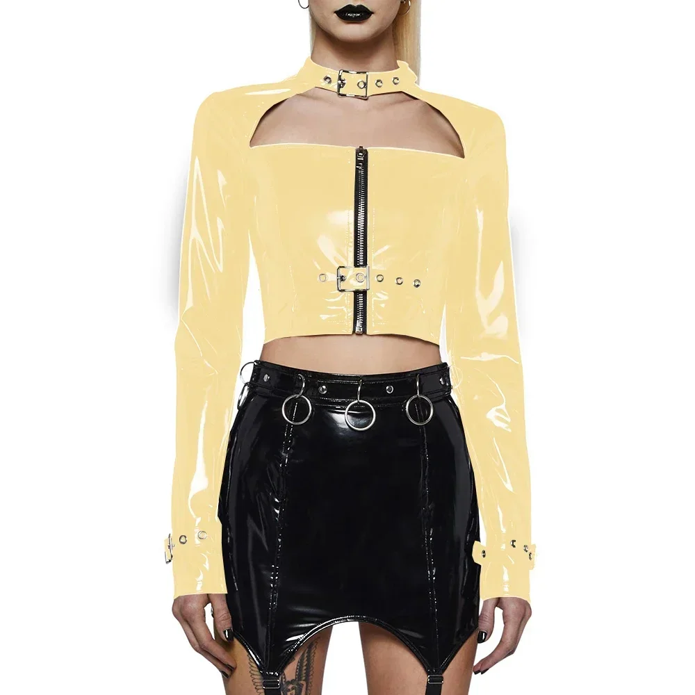 Women's Gothic Long Sleeve Cropped Top, Metal Buckle, Hollow, Exposed Navel, Shiny PVC Leather,Punk Zipper Jackets,Ladies Coat,