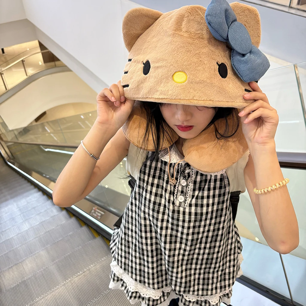 

Comfortable Hello Kitty Hooded U-shaped Pillow Japanese Style Blackout Nap Travel Pillow For Airplane Car Train Washable