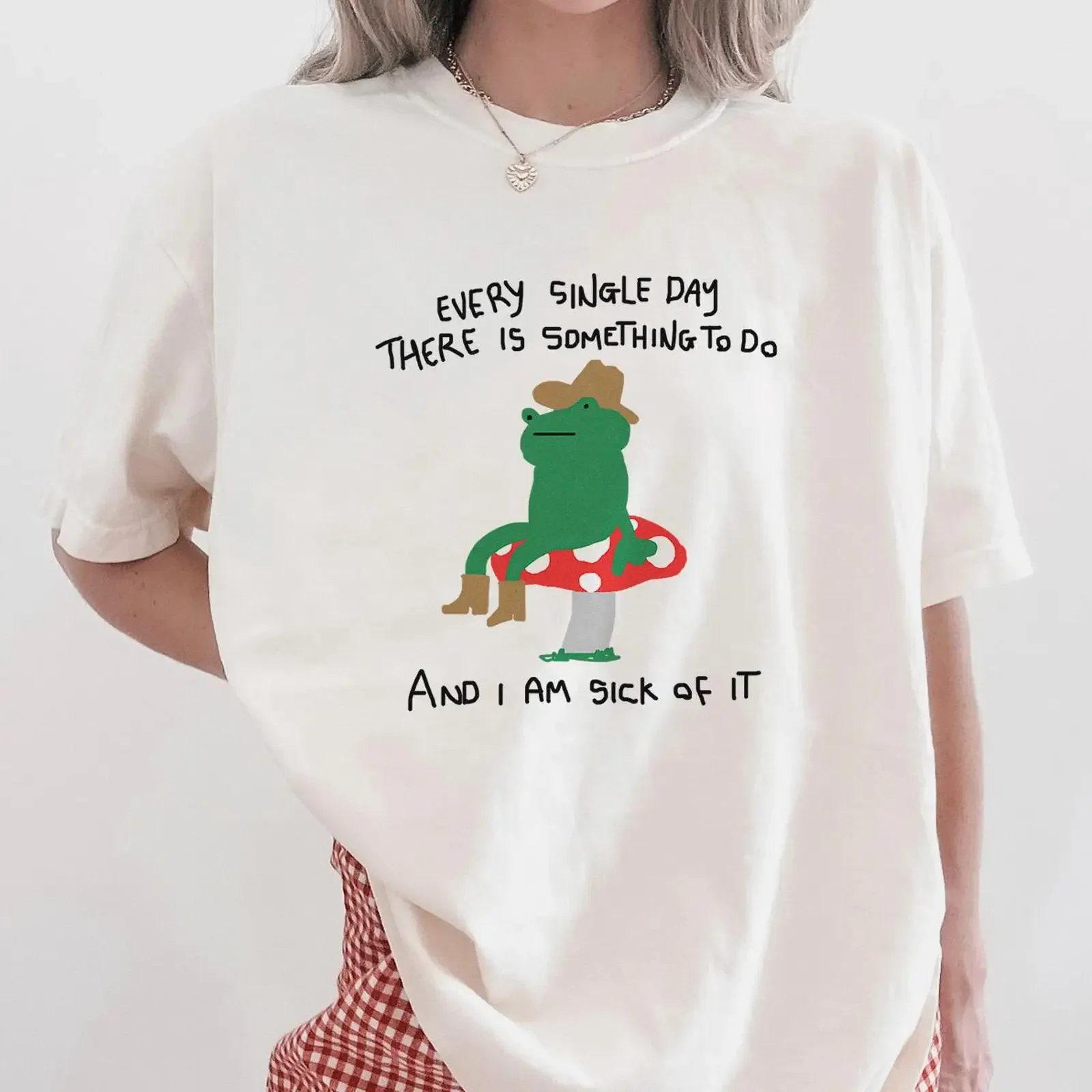 T-shirt drôle motif grenouille cowboy et champignon avec slogan, motif de meme et blague, décontracté, coupe oversize, effet vintage délavé, respirant, pour le quotidien