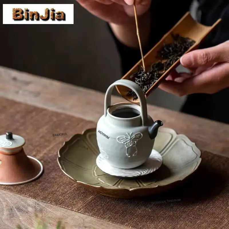 125ml Hand-painted Butterfly Plant Ash Lifting Beam Teapot Retro Tea Infuser Pot Tea Maker Kettle With Ball Hole Drinkware Gift