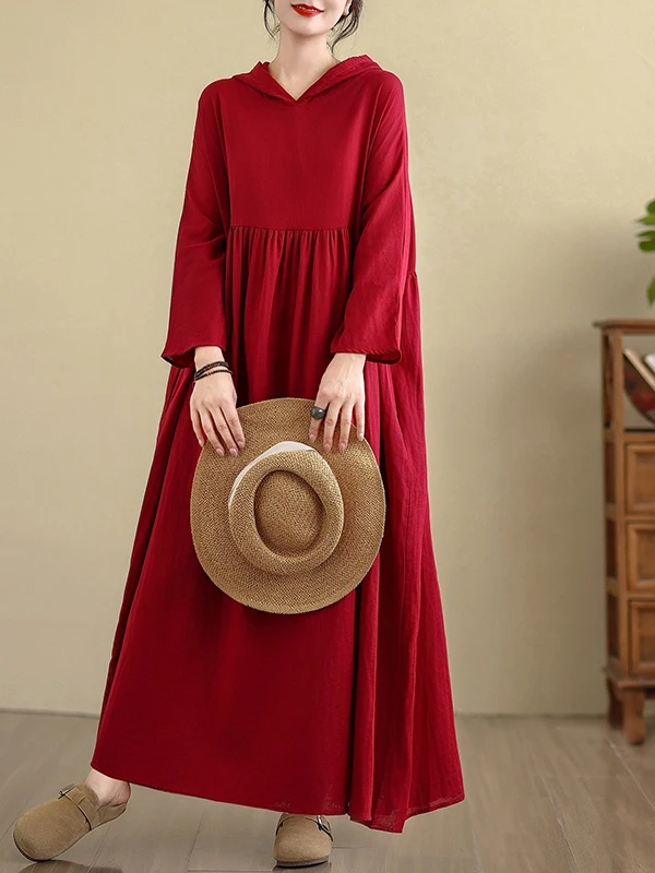 Vermelho início do outono longo Sve Retro Suave Dupla Camada Algodão Linho Dr Pure Color Com Capuz Dr Commute Cintura Solta Cotto...