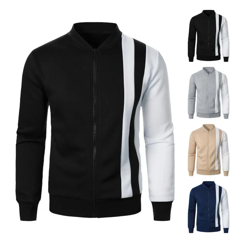 Fall Spring Men Jacket Stand Collar Zipper Closure Long Sleeves Color Matching Elastic Cuff Hem Cardigan Slim Fit Sport Coat