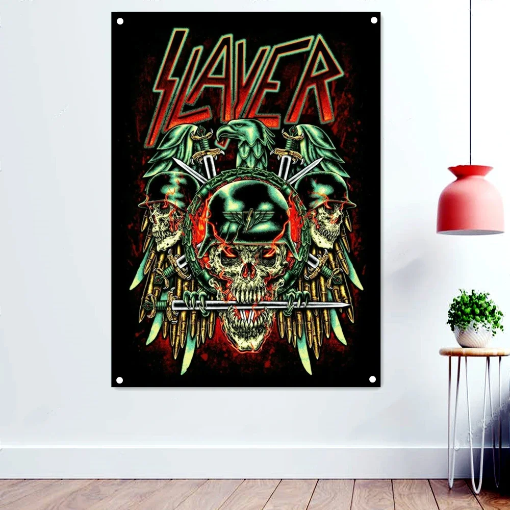 Skull with Helmet Death Art Banner Wall Hanging Metal Albums Band Wallpapers Macabre Skull Tattoos Illustration Tapestry Flags