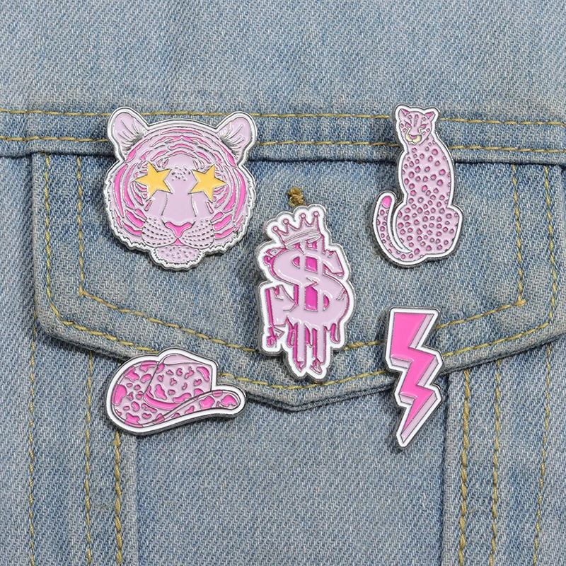 Cute Cartoon Pink Series Enamel Pins Creative High Heels Glasses Brooches Lapel Badge Butterfly Animal Clothes Pin Jewelry