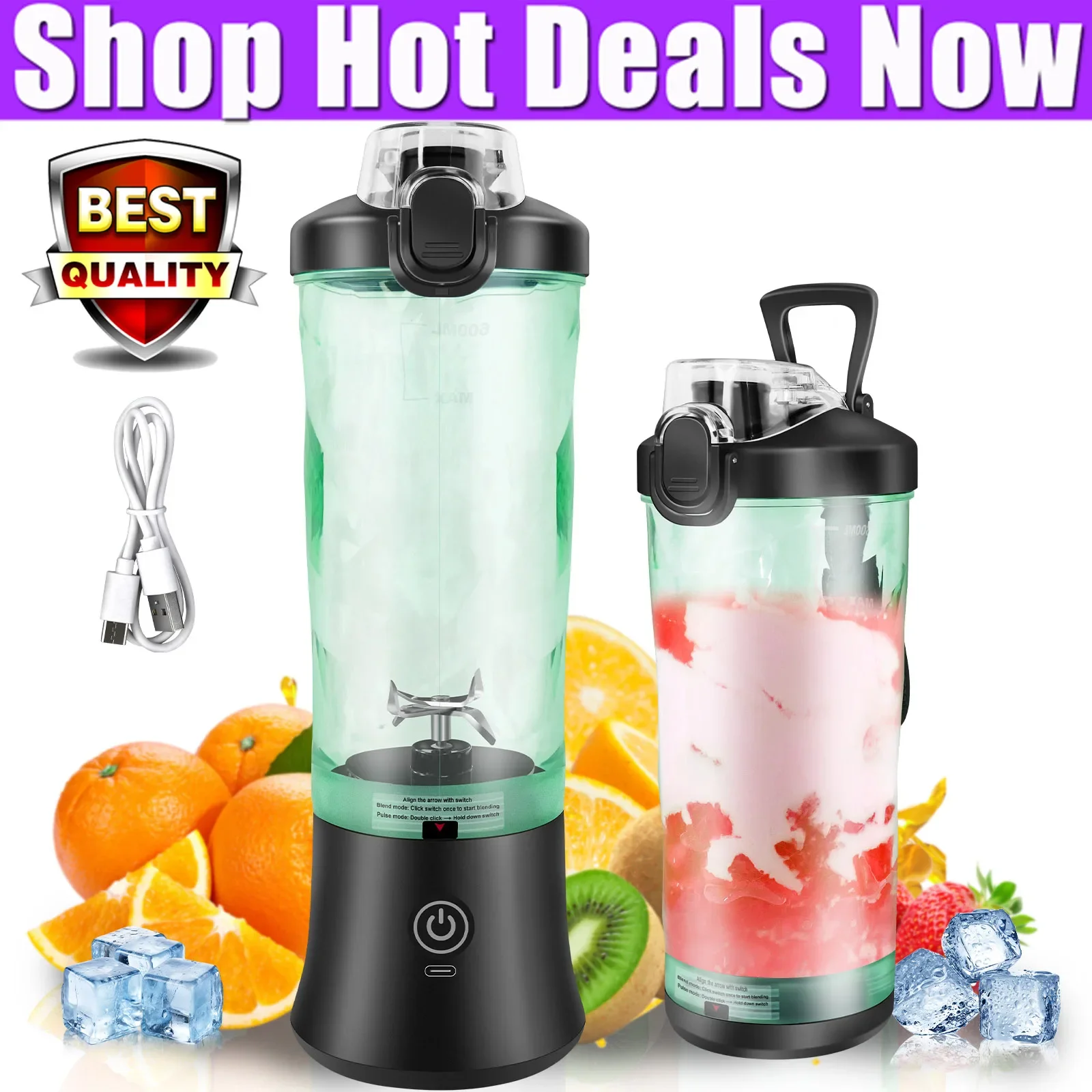 2 in 1 Portable Blender 600ML USB Rechargeable Mini Juicer - Professional Juice Mixer for Smoothies