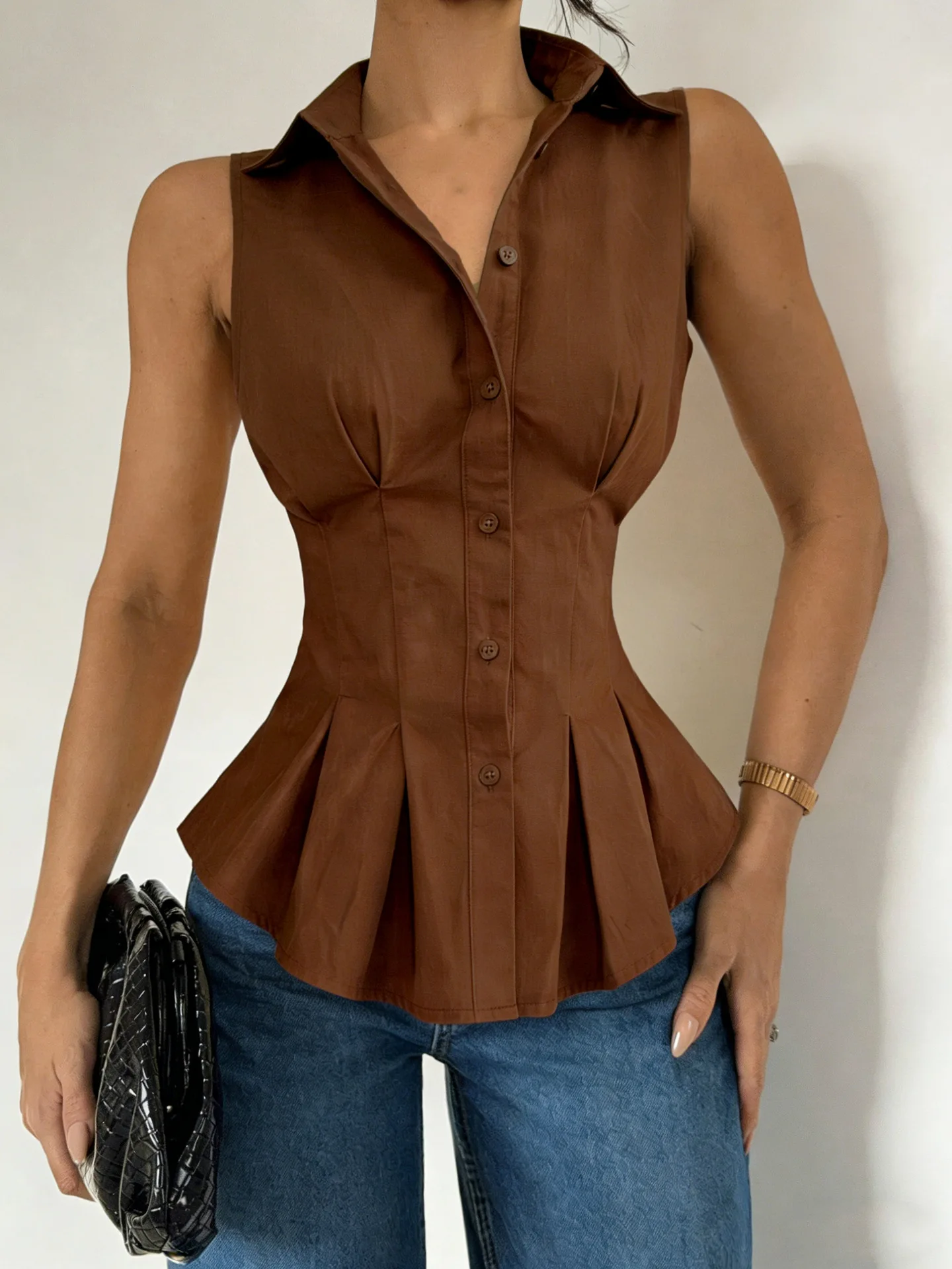 

Women's Simple Slim Top Sleeveless Collar Ruffle Solid Color Chic Shirt Suitable Fashionable Women's Clothing Summer Autumn