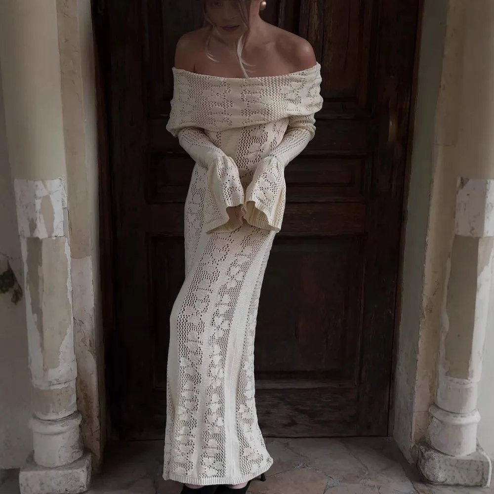 

Design Sense Hollow One-shoulder Dress for Women in Spring Vacation Style Elegant Crochet Knitted Hip-packing Long Skirt