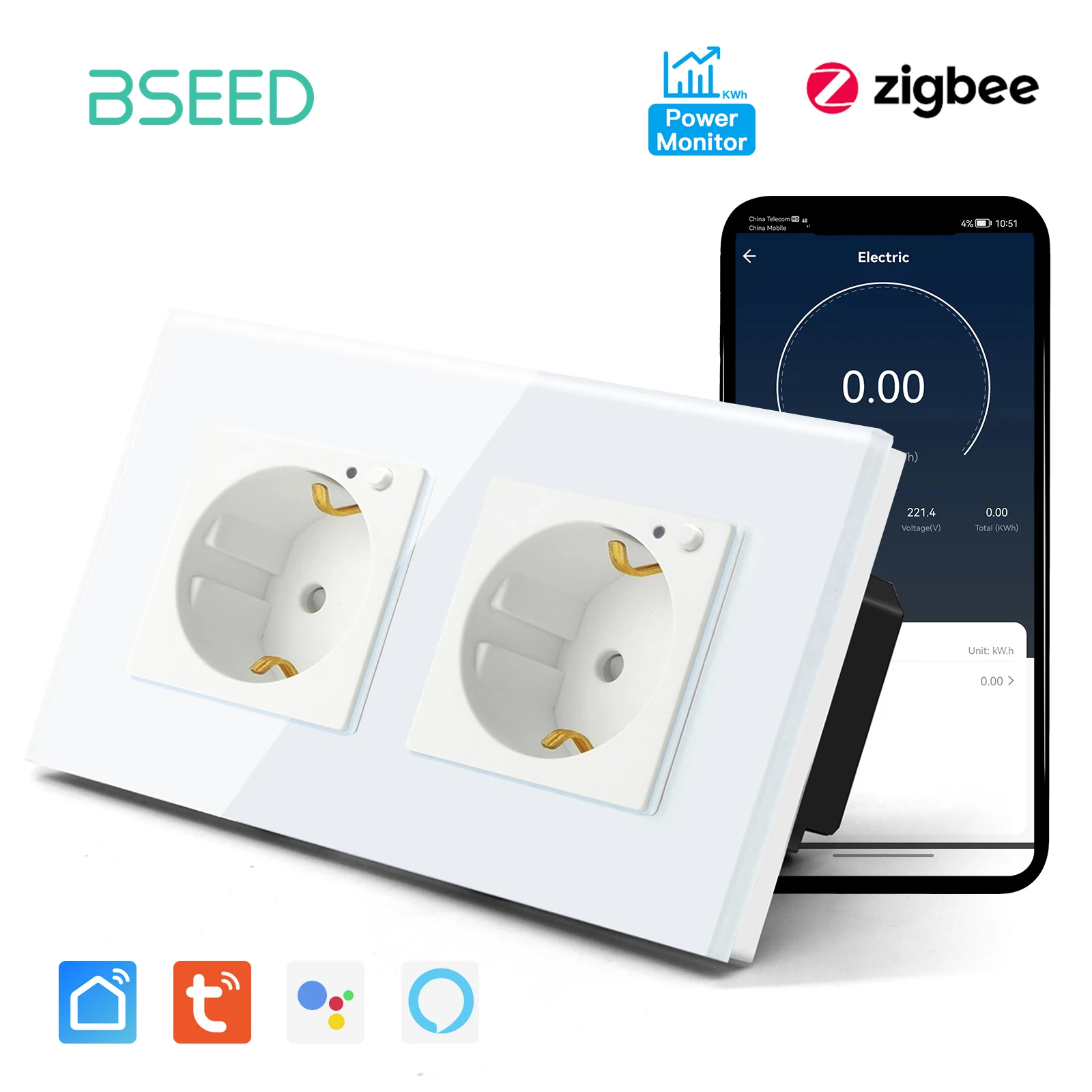 Bseed eu zigbee energie monitor wand steckdose kristallglas rahmen doppel smart outlets google home alexa smart life sprach steuerung