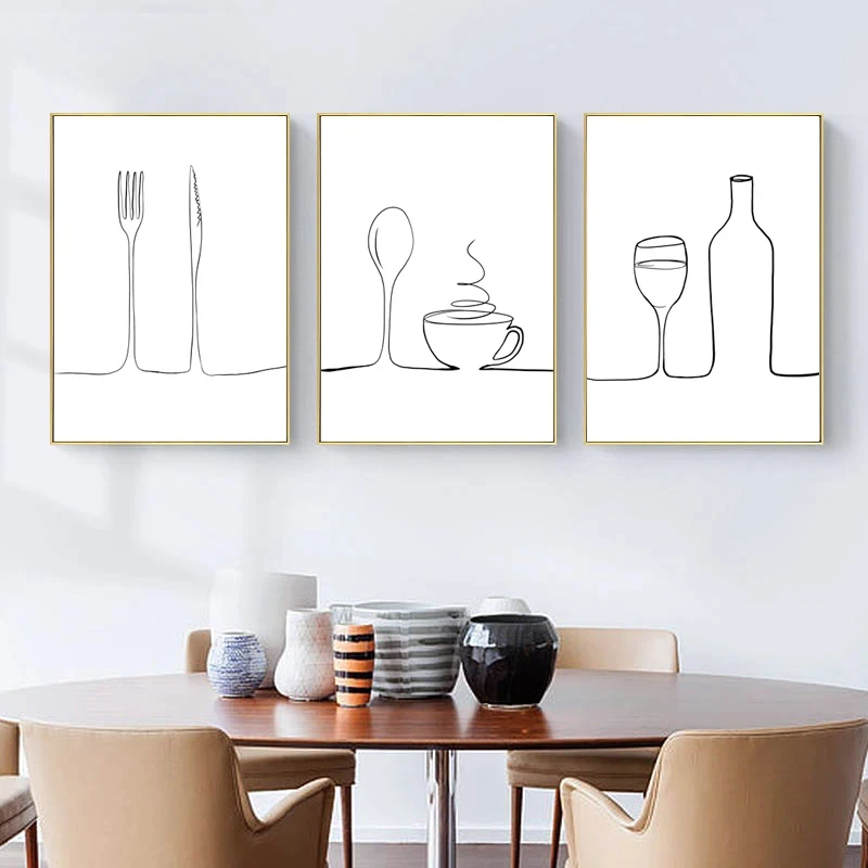 Kitchen Utensils Tableware Black White Line Pattern Abstract Wall Art Canvas Painting Nordic Posters Prints Picture Decoration