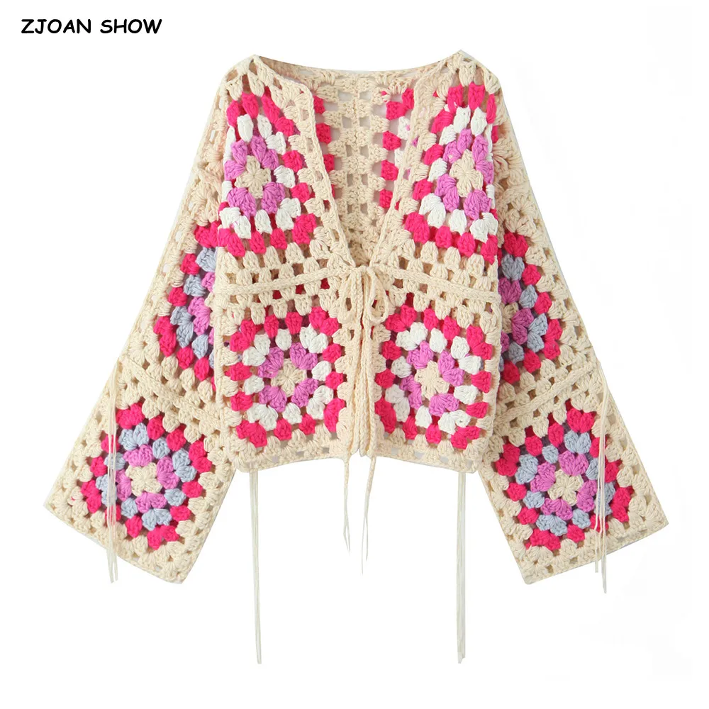 2024 BOHO Colored Plaid Flower Hand Crochet Cardigan Ethnic Woman V neck Bow Lacing up Tassel Sleeve Sweater Knitwear Jumper