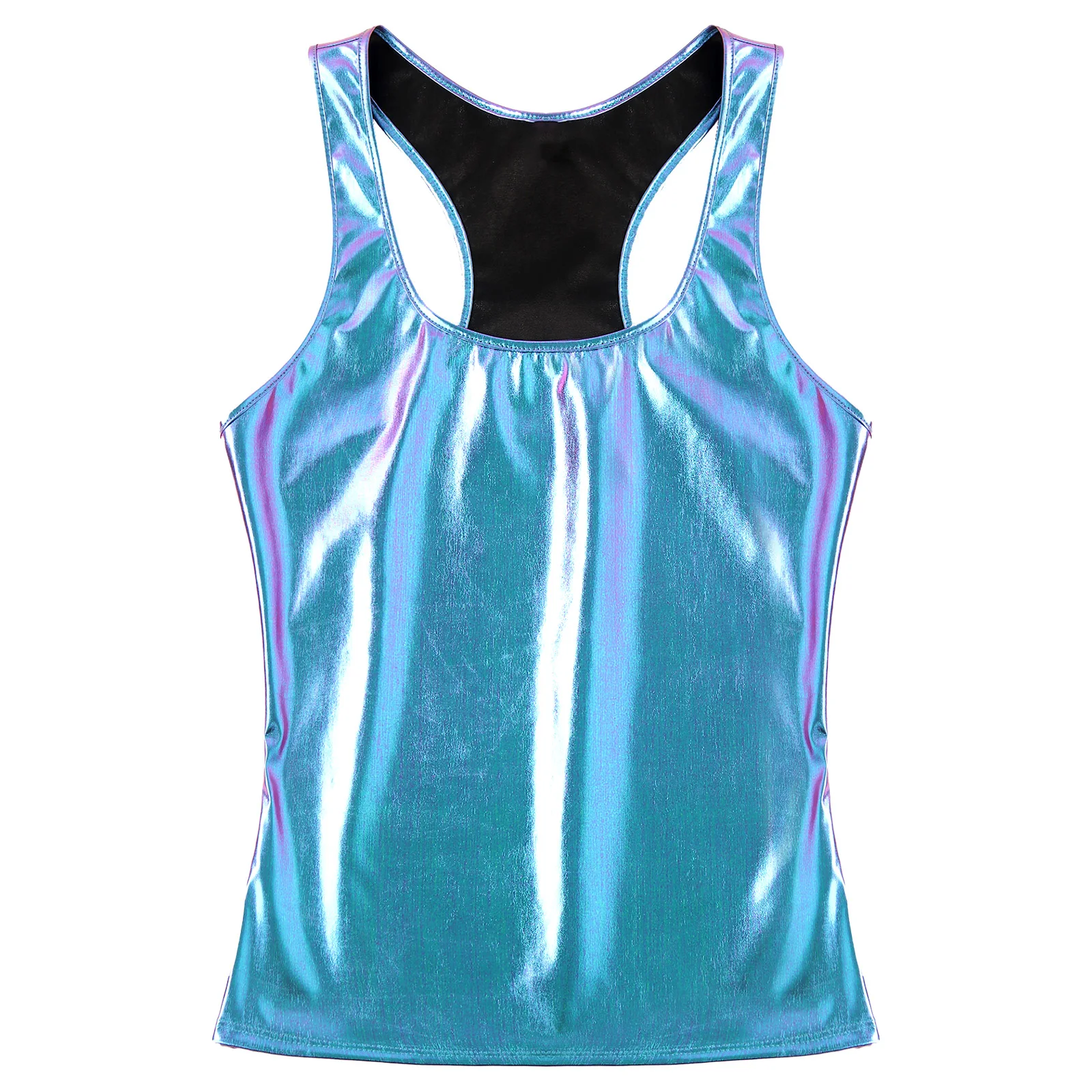 Womens Shiny Metallic Vest Top Deep U-neckline Sleeveless Racer Back Slim Fits Wetlook Camisole Tank Top Rave Festival Clubwear