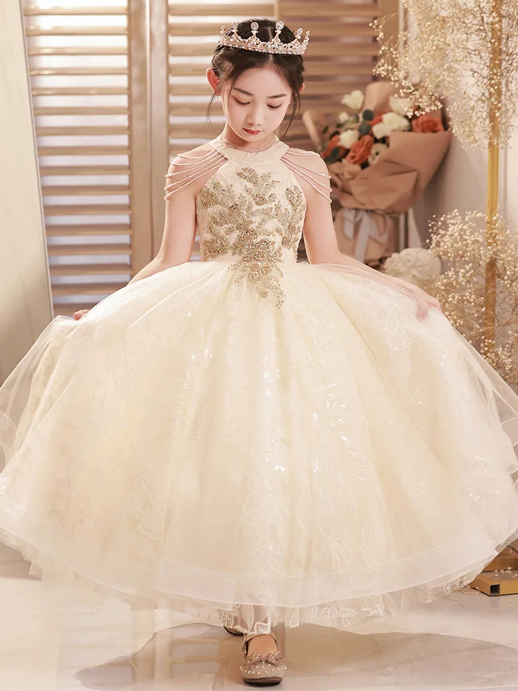 

Платье для хозяев для девочек, пышная юбка, модное платье для подиума на день рождения, цвет шампанского, платье для выступлений на фортепиано, платье принцессы, вечернее платье