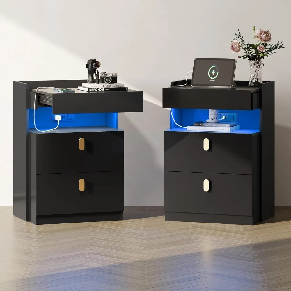 WLIVE LED Nighstand Set of 2 with Charging Station, Night Stands Sets with Sliding Top, Bedside Tables with Drawers, End Table f