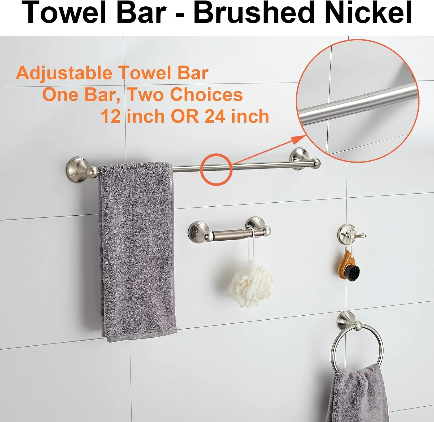 Bathroom Accessory Set, Brushed Nickel Adjustable Expandable Towel Bar 4-Piece Bathroom Hardware Set Wall Mounted