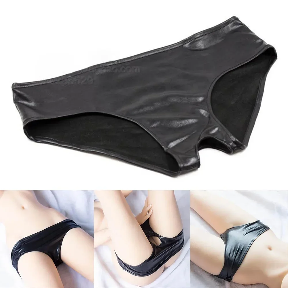 Женское нижнее белье с открытой промежностью, Трусы из искусственной кожи с влажным эффектом, черное готическое нижнее белье, сексуальные женские трусики без промежности, горячие экзотические трусики