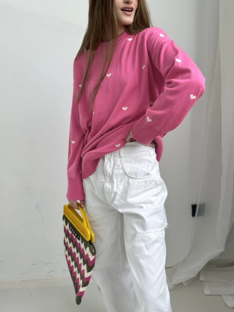 

Autumn Winter Knit Women's Love Print Pullover Fashion Casual Loose Female Versatile Long Sleeves Tops Warm Oversized Sweater