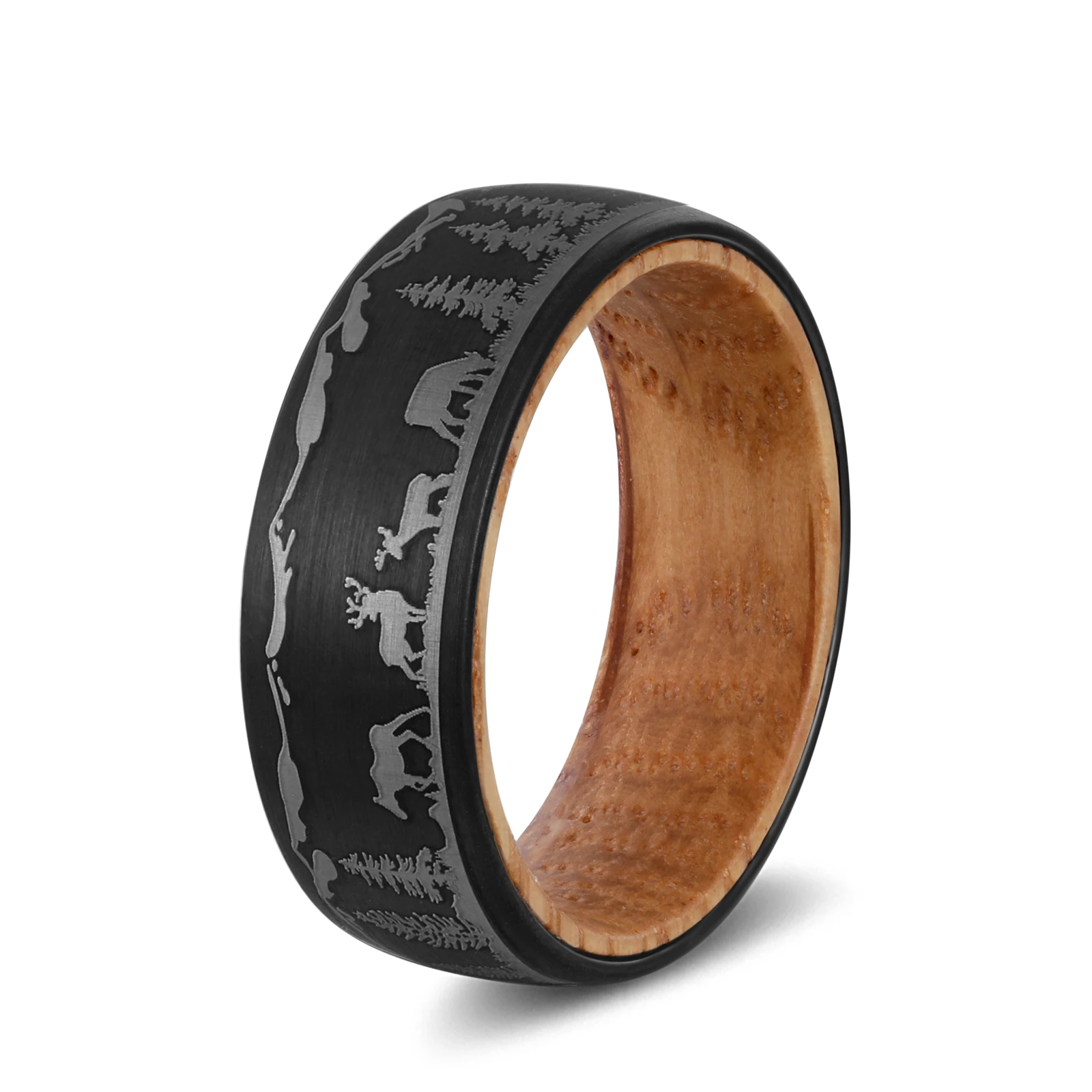 

8mm Width Wooden Rings for Man Black Tungsten Carbide Band with Whiskey Barrel Oak Wood Liner Laser Forest Tree Landscape 7-12