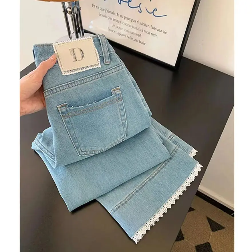 

Light Blue Lace Jeans Women's 2026 New Summer Casual Versatile Elastic Straight-Leg Cropped Denim Pants For Office Commute Pants
