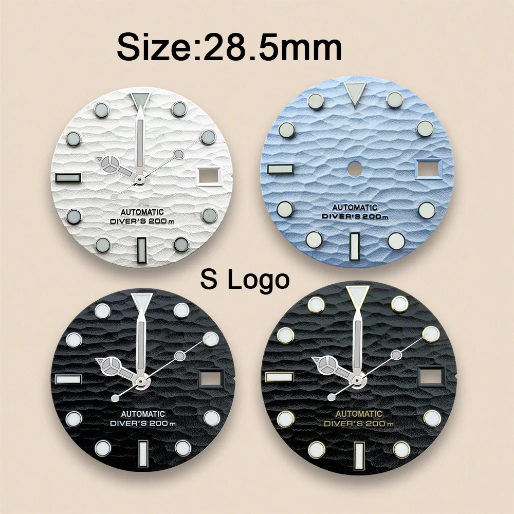 28.5mm S Logo 3D Waves Dial Suitable For NH35/NH36/7S/4R Movement Strong Green Luminous Watch Modification Accessories