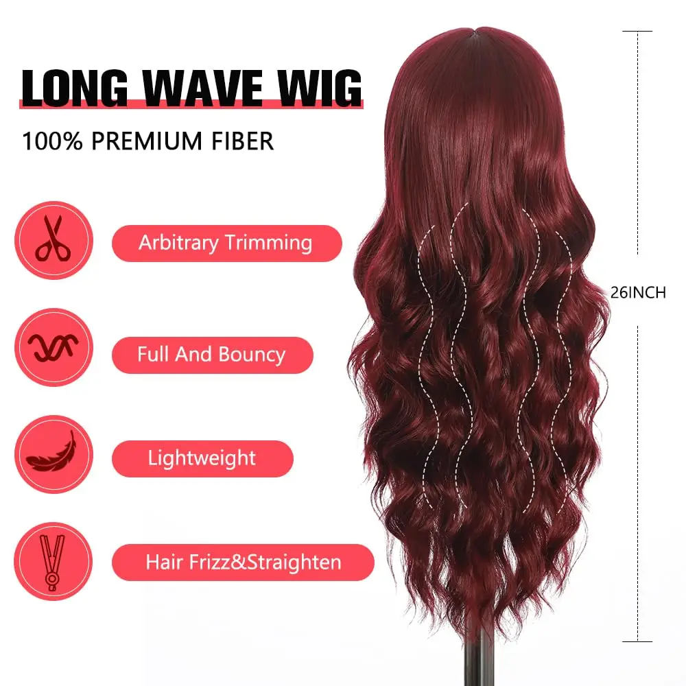 Red Wine Color Synthetic Wig with Big Waves for Party, Halloween Cosplay, Everyday Use, High-Temperature Hair Silk Wig Set