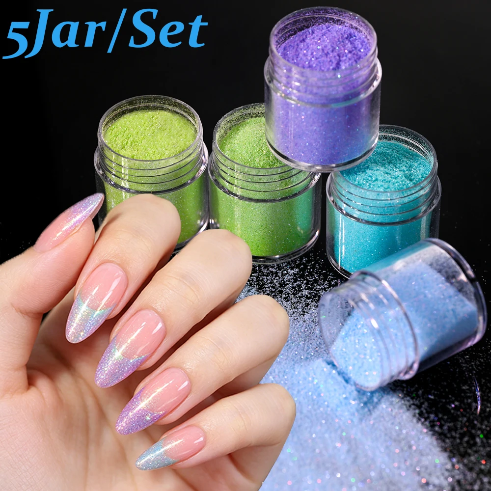 5Jar Sparkling Laser Glitter Nail Powder Set Iridescent Aurora Sky Blue Purple Holographic Rainbow Effect Fine Pigment Dust Deco