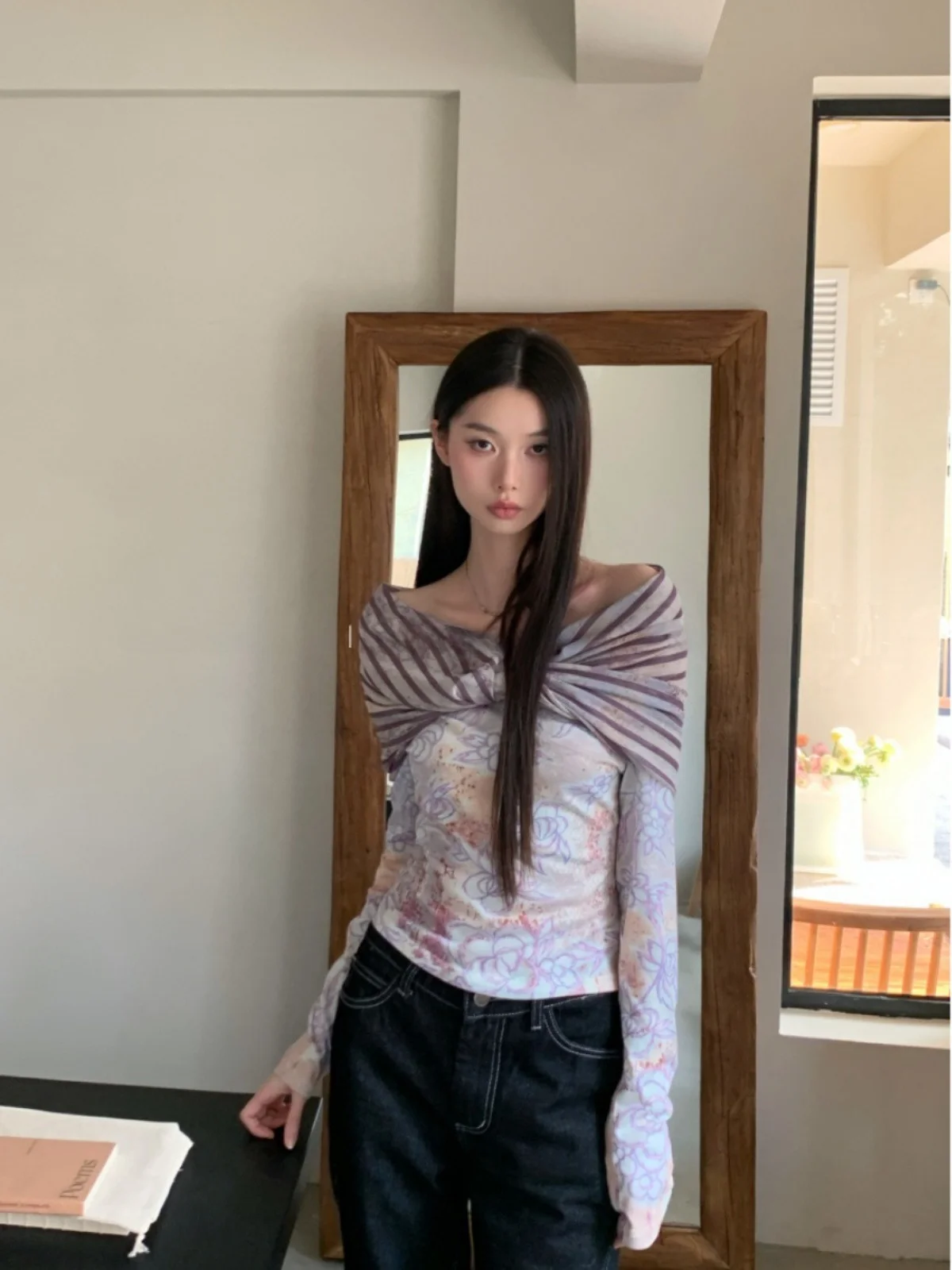 

Mipai Aun Hand-Painted Floral Long Sve T-irt Women's Dstring Hooded Multi-Wear Vintage Light Purple Commute Sle