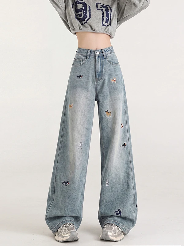Retro American Dog Embroidery High Waist Wide Leg Jeans Women Loose Small Size Straight Long Pants Casual High Waist Jeans