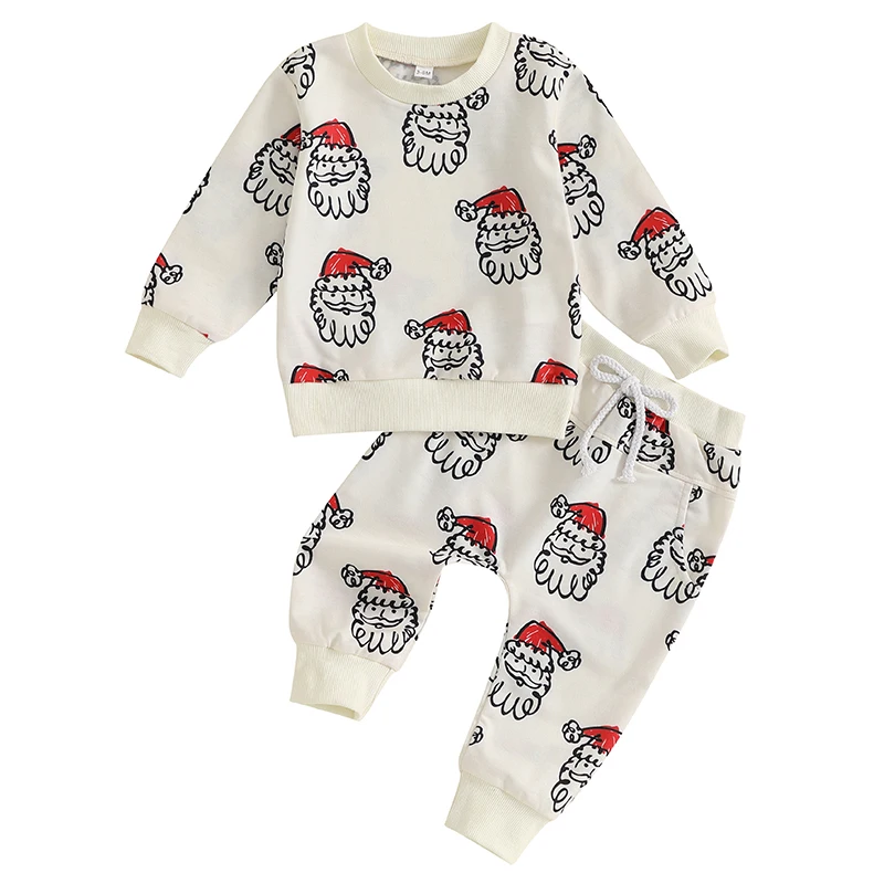 Toddler Boy Christmas Outfit Santa Claus Print Long Sleeve Sweatshirt Elastic Waist Pants 2 Piece Set