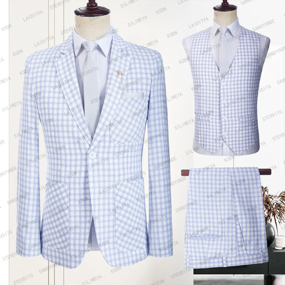 

2023 Men's Summer Casual Bussiness Linen Suits Light Blue White Classic Plaid Wedding Groom Tuxedos 3 Pcs Set（Jacket+Vest+Pants)