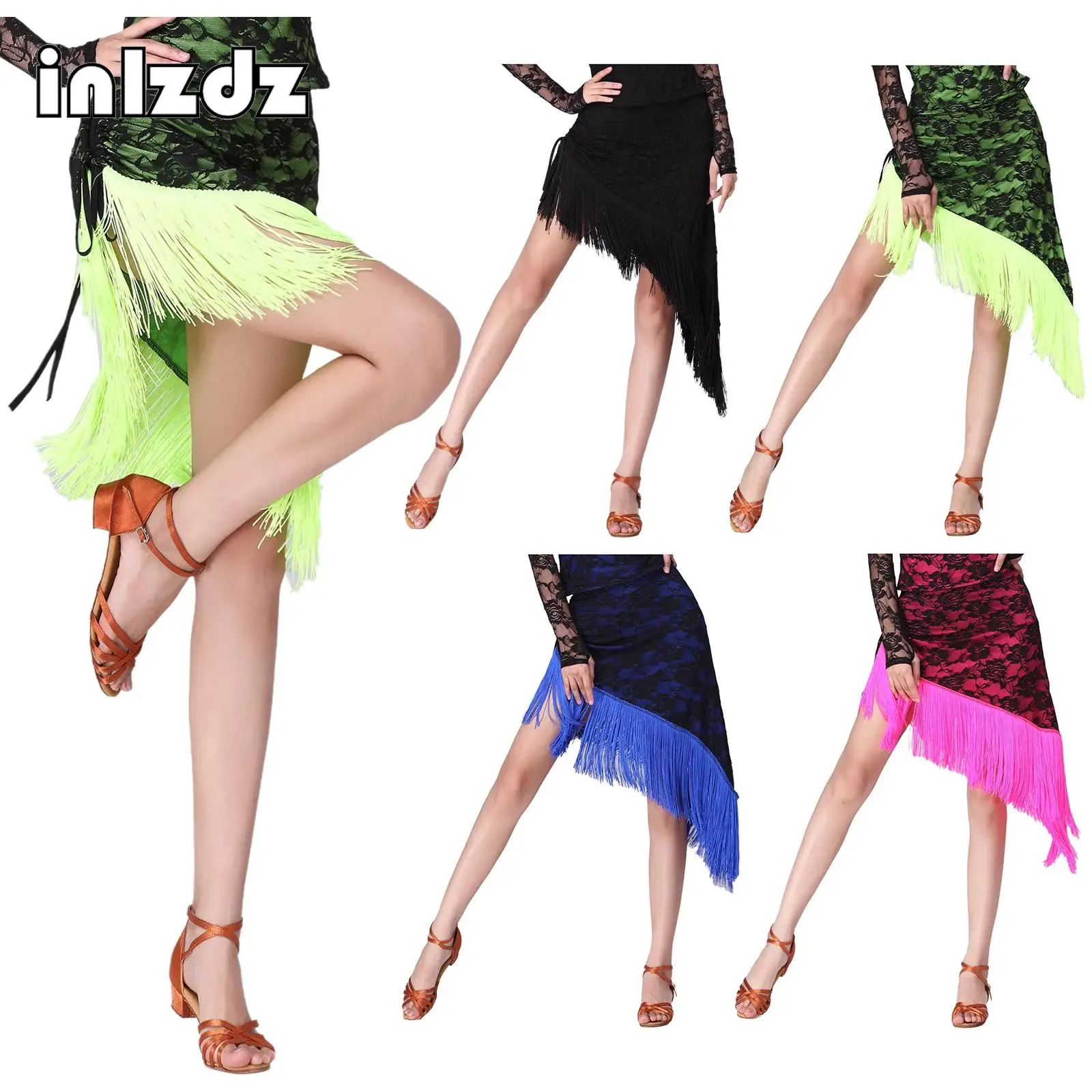 

Womens Latin Tango Dance Skirts Floral Lace Tassel Trim Side Drawstring Irregular Skirts Ballroom Performance Training Dancewear