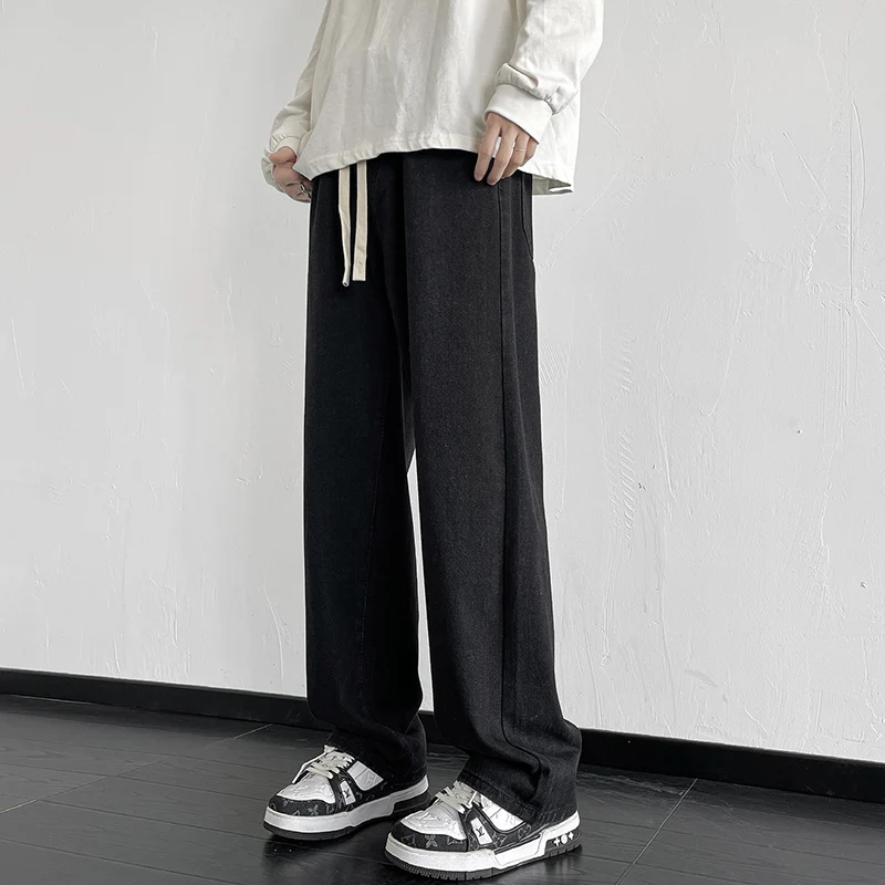 

American Retro Black Jeans Men's New 2023 Straight Leg Trendy Cool Street Style High Waist Drawstring Casual Loose Fit Jeans