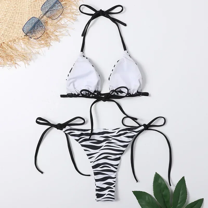 Zebra Striped Swimwear String Halter Triangle Thong Micro Bikini Set Women Sexy Swimsuit 2025 Bathing Swimming Suit Wear Bikinis