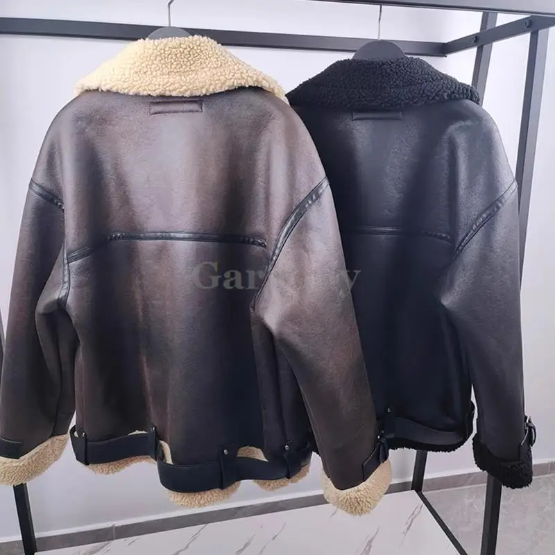 Garaouy 2023 Winter Women Faux Leather Lambswool Lapel Zip Motorcycle Jacket Female Oversized Casual Thick Warm Pu Coat Outwear