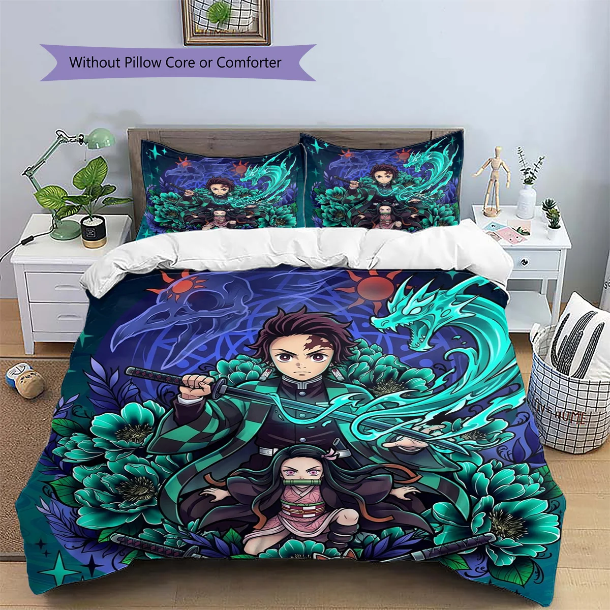 Demon Slayer Tanjiro Patterned Pillowcase & Duvet Cover Set Anime Cultural Bedding Bedroom Decoration Nice Fan Present.-TING