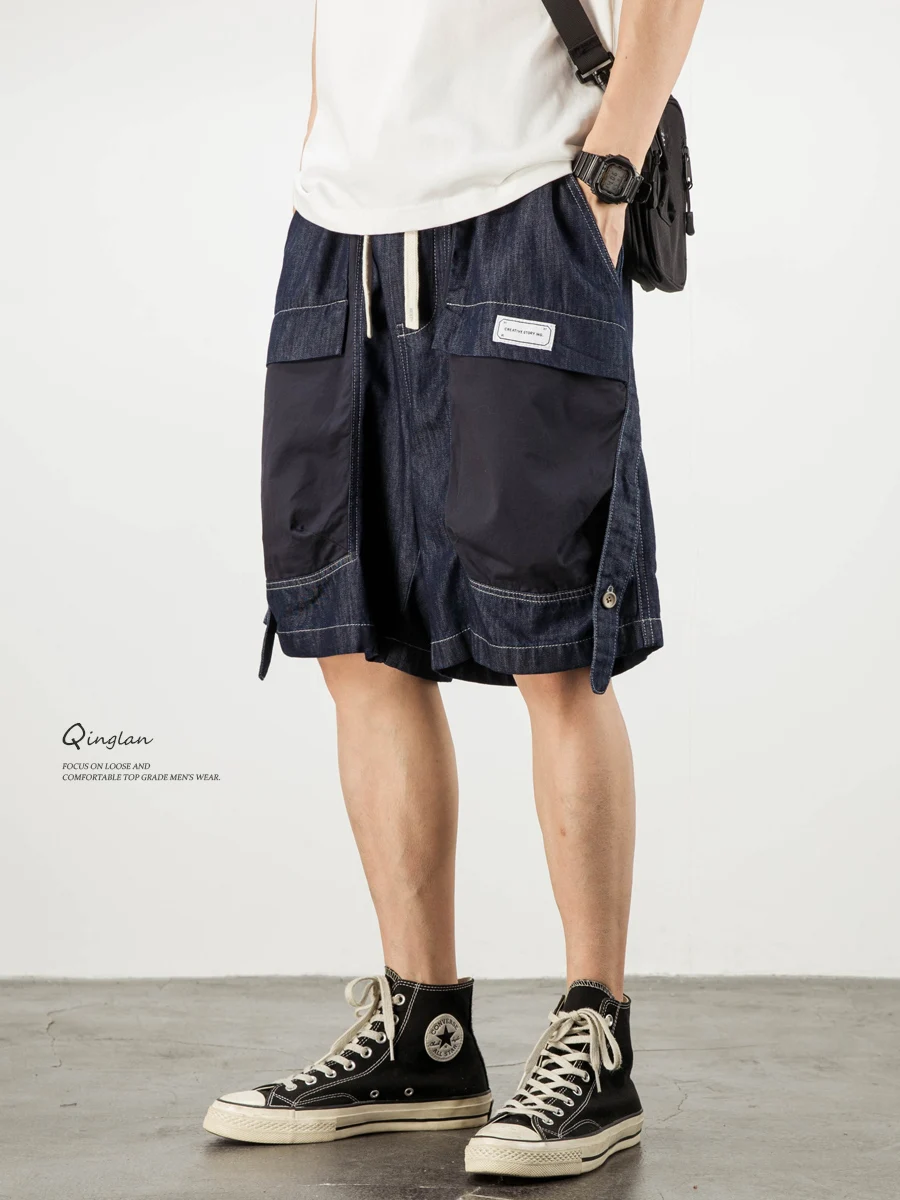 

Loose Fit Men's Denim orts Summer Thin Casual Sle Five-ket Design Waed Cotton Straight Leg Trousers for Youth