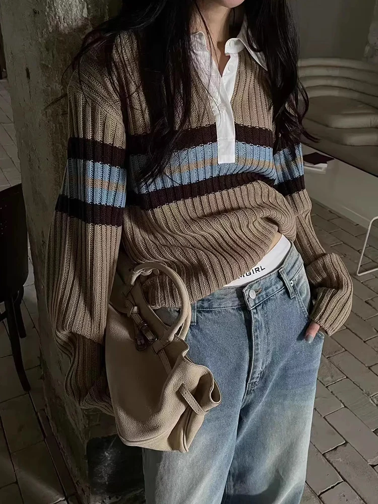 

ZHISILAO новый полосатый вязаный свитер женский Y2K винтажный пуловер свитер осень-зима 2025 топы шикарные